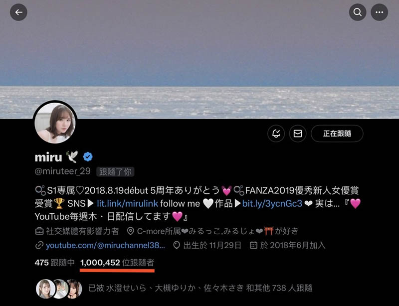 Miru、X追踪百万突破!